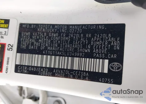 2020 Toyota Camry Se z USA, uszkodzony, nr VIN 4T1G11AK5LU349892